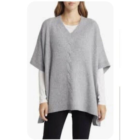 Nordstrom V-Neck Wool Cashmere Poncho Cape Grey One Size Minimalist Classic - Picture 1 of 9
